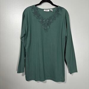 Gitano Women's Vintage 1990's Forest Green Lace Neck Tee - Size Medium - Grunge